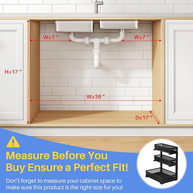 Under Sink Organizer, 3-Tier Thickened Metal Pull out Cabinet Organizer Shelf, Height Adjustable Slide out Storage Drawer Rack for Kitchen Bathroom Pantry Laundry Home Organization, 1-Pack, Black | 35% Extra Storage Capacity, Carbon Steel, Hold Up 55lb...