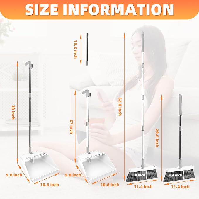 Broom and Dustpan Set, 51 inch Long Adjustable Handle Angle Broom and Dustpan Combo Set with Double Dustpan Teeth to Clean Hair for Home Kitchen Office Lobby, White&Grey