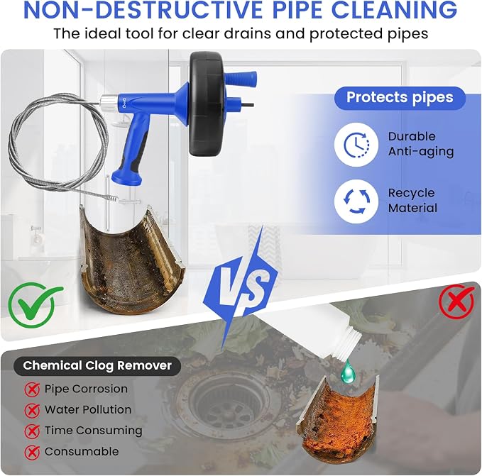 XJX Drain Auger, Plumbing Snake with Drill Adapter, 25FT Flexible Steel Drain Clog Remover, Manual or Powered for Kitchen, Bathroom & Shower Sink, with Gloves and Storage Bag Blue