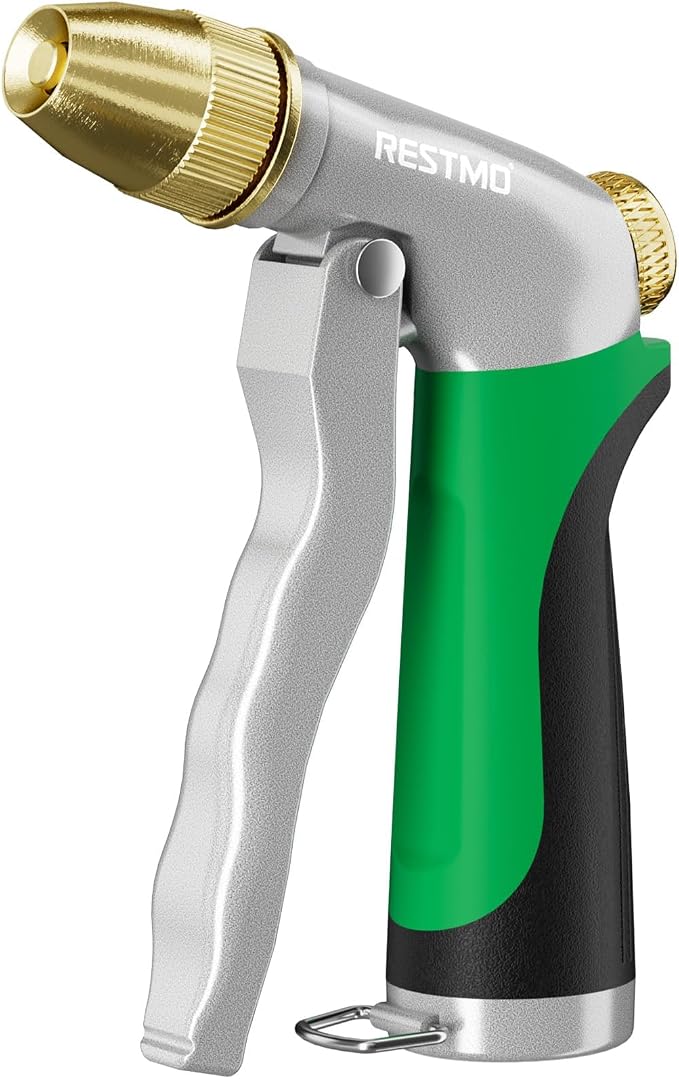 RESTMO Metal Water Hose Nozzle, High Pressure Garden Sprayer, Green | Adjustable Brass Head for 4 Spray Patterns, Heavy Duty Garden Water Sprayer for Outdoor Lawn & Plant & Car