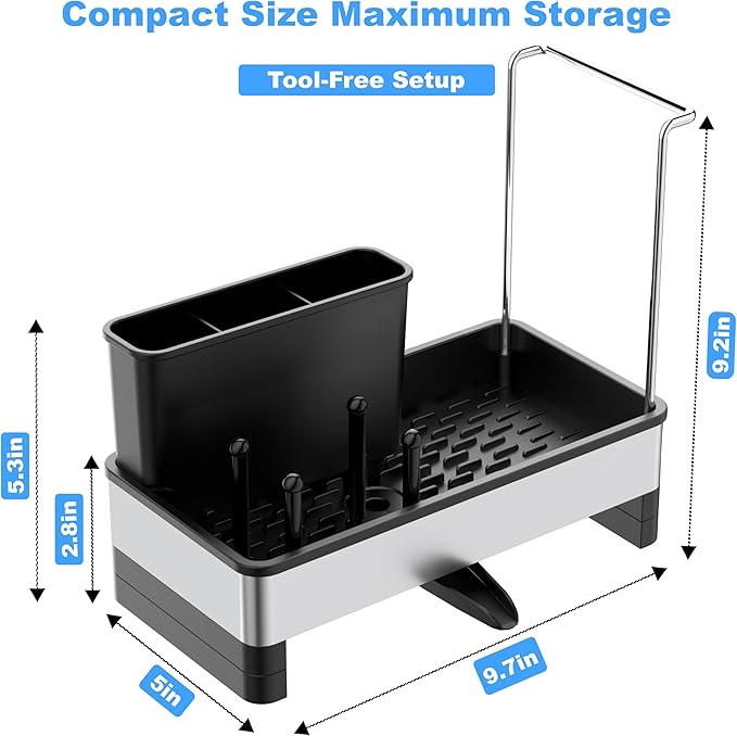 Sponge Holder for Kitchen Sink Caddy Organizer, Dish Brush Holder | Stainless Steel Sponge Caddy for Kitchen Countertop Organizer, Rustproof Dish Soap and Sponge Rack with Dishcloth Drying Rack