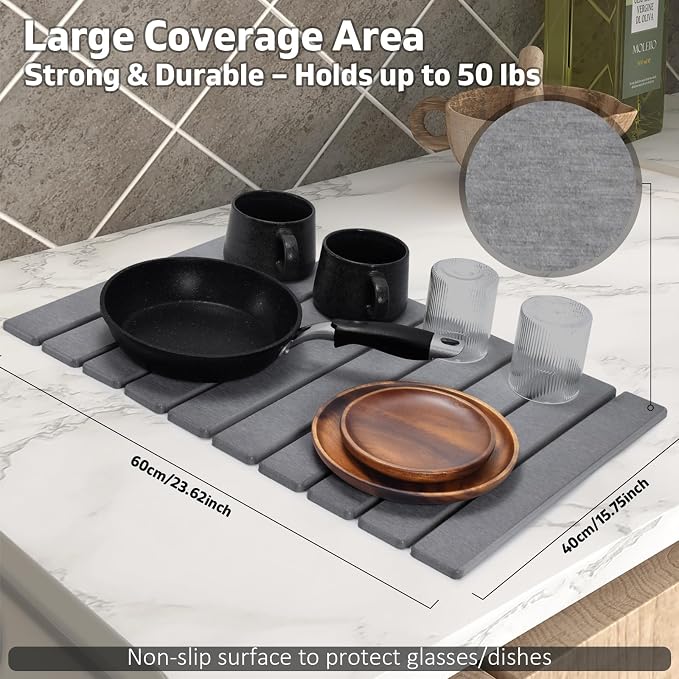 2 PCS Large Stone Dish Drying Mat for Kitchen Counter, 24"×16" Dish Drying Mat with 8"x 4" Coasters, Non - Slip Collapsible Absorbent Mat for Multi - Purpose, Match Any Countertop【Gray】