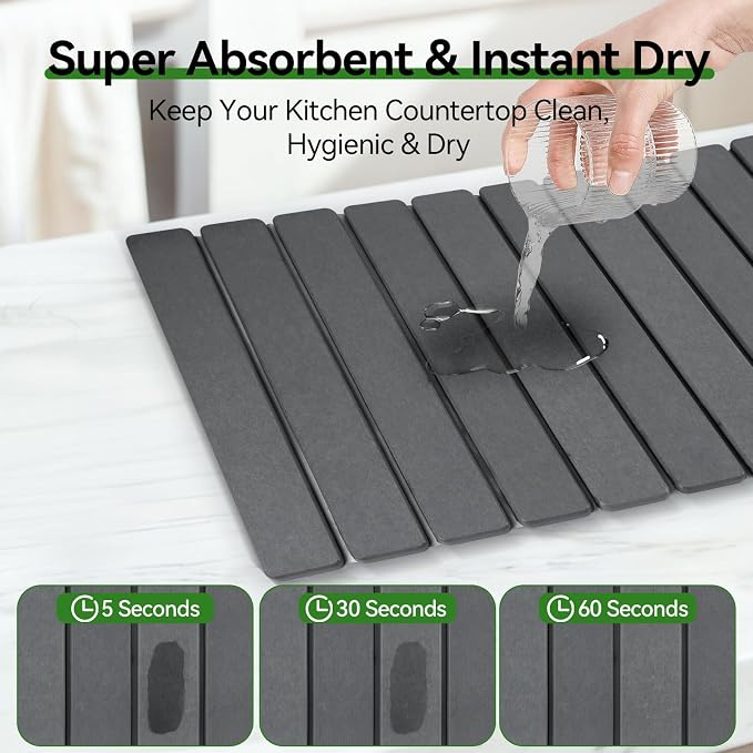 Large Stone Drying Mat for Kitchen Counter, 24"x16" Collapsible Diatomaceous Earth Drying Mat, Instant Absorbent Dish Drying Pad, Stone Drying Rack Space Saver Drying Board for Kitchen Sink, Gray