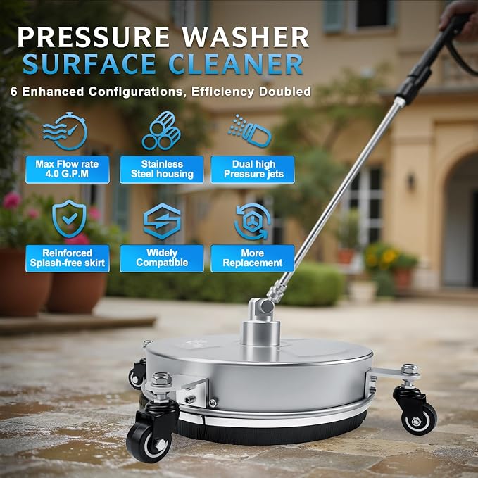 RAYNEL 14" Pressure Washer Surface Cleaner, Power Washer Accessory | Stainless Steel Housing With 4 Wheels And 1/4" Quick Plug, 2 Extension Wands & 2 Replacement Nozzles, Max 4000 PSI Pressure