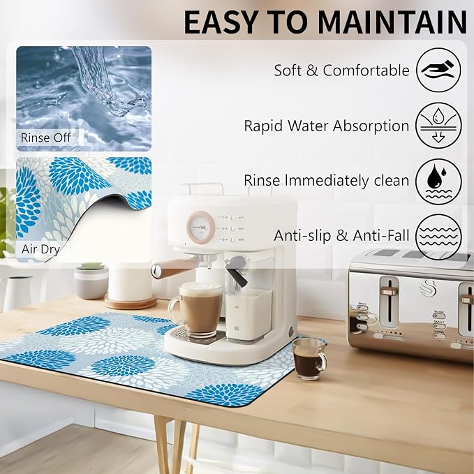Dish Drying Mat, Dish Mat Drying Kitchen Mat with Rubber Backed, Hide Stain Kitchen Super Absorbent Draining Mat, Easy to Clean Dish Rack Pad for Dishes Countertop (Blue Floral, 16" x 24" )