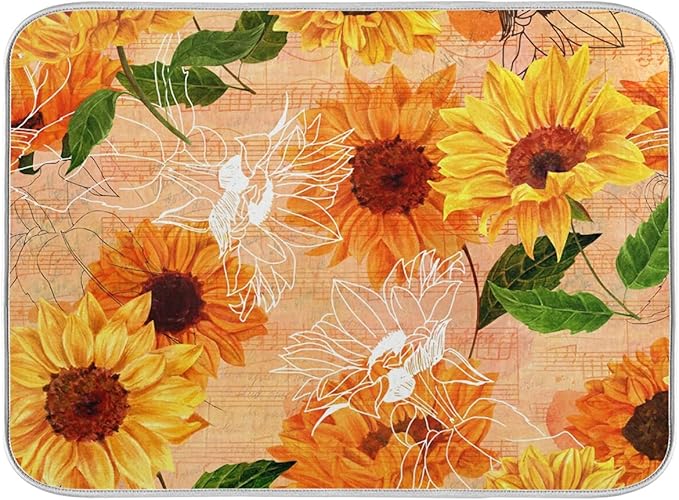 Super Absorbent Dish Drying Mat, Microfiber Fast-Drying Dish Mat, 16" x 18", Kitchen Dish Drying Pad, Watercolor Sunflowers
