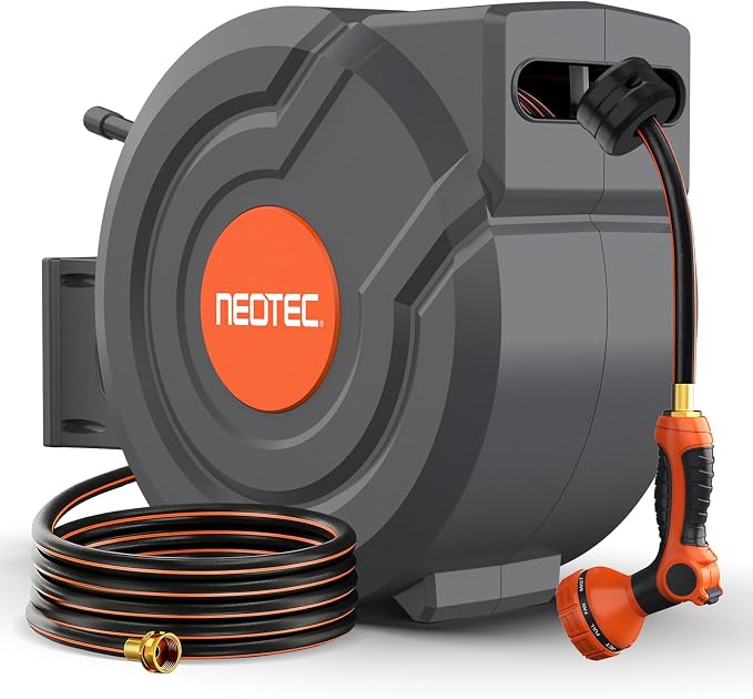 5/8 in 115 ft Retractable Garden Hose Reel with 9-Pattern Sprayer Nozzle | Any Length Lock, Auto Slow Return, 180° Swivel Mount, UV Resistant, Heavy Duty