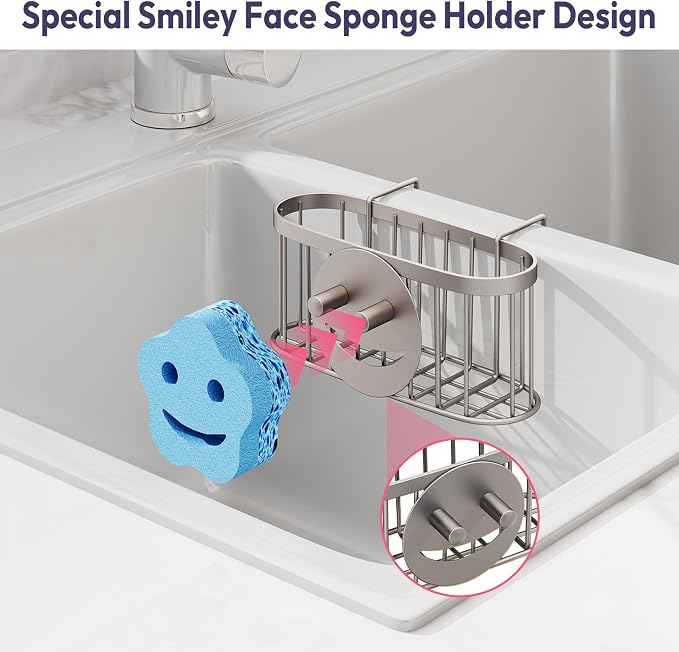SWTYMIKI Sponge Holder for Kitchen Sink - Movable Sink Caddy with Smiley Face Sponge Holder, Rustproof Hanging Sponge Organizer in Double Bowl Sinks Depth>3.15in, Middle Divider<1.5in, Sand Nickel