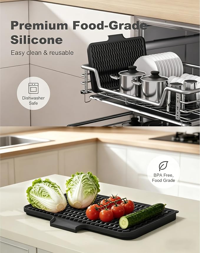 Rnivvi Silicone Dish Drying Mat for Kitchen Counter, 16 x 12" Drainer Pad with Drainage Spout, Heat Resistant Trivet Non-Slip Dish Rack Mats for Countertop Protection, Kitchen Bar Decor Pad, Black
