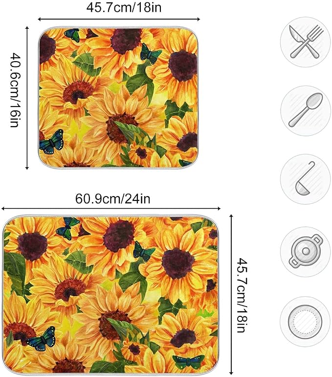 Super Absorbent Dish Drying Mat Microfiber Fast-Drying Mat, 24" x 18" Kitchen Pad Sunflowers Blue Butterflies
