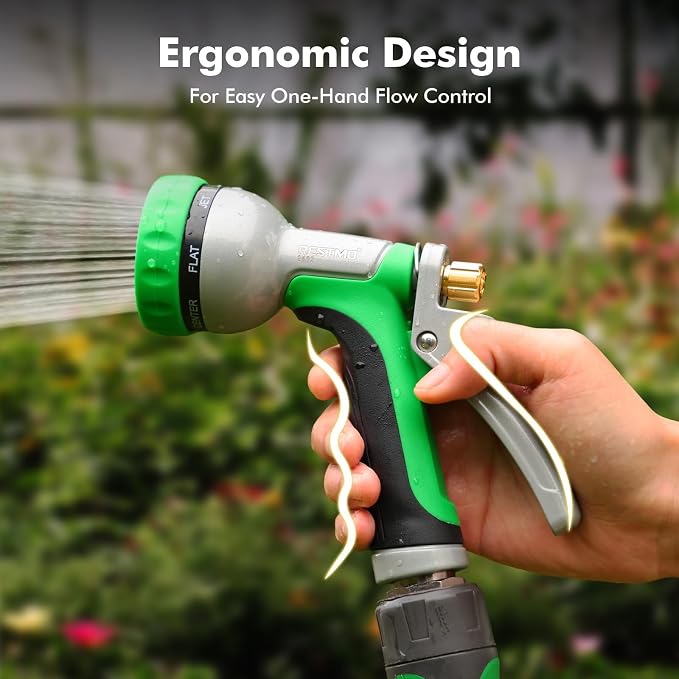 RESTMO Garden Hose Nozzle Heavy Duty, Rear Trigger Water Sprayer, Green | 7 Adjustable Spray Patterns, Durable Metal, Flow Control, Ideal for Plants & Lawns Watering, Cars & Pets Washing