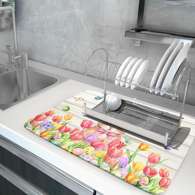 Easter Bunny Dish Drying Mat 18x24 inch Eggs Floral Fast Drying Pad Washable Reversible Microfiber Dish Drainer Mats for Kitchen Counter