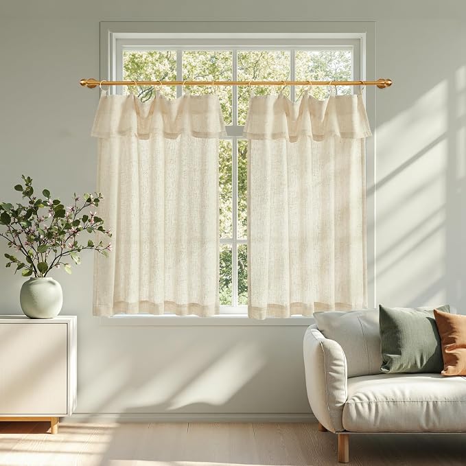 jinchan Linen Tier Kitchen Curtains, 30x36, 2 Panels, Natural | Light filtering, rod pocket, farmhouse, small window decor, cafe style, machine washable, bathroom, laundry room, RV