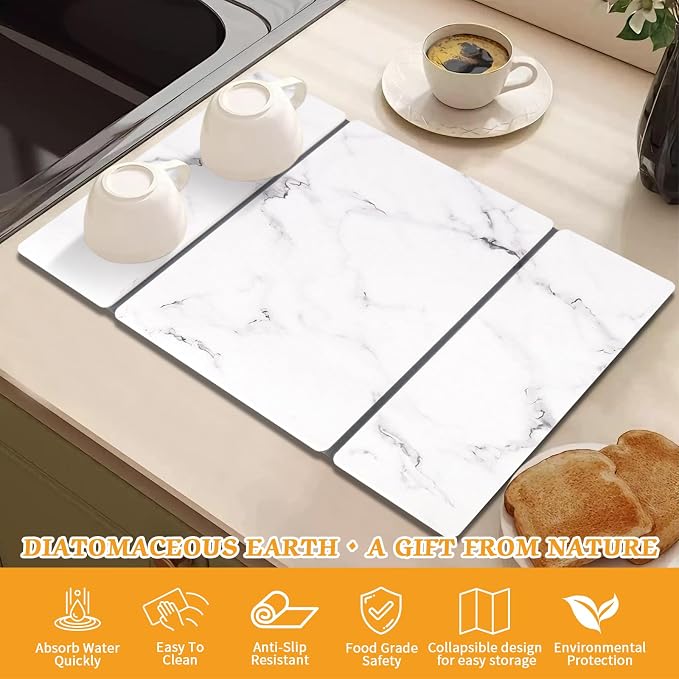 Stone Dish Drying Mat for Kitchen Counter, 24''×15'' Dishes Drying Matt Kitchen Counter, Absorbent Diatomaceous Earth Bath Quick Dry Mats for Tableware, Bottles and Cup(White Marble)