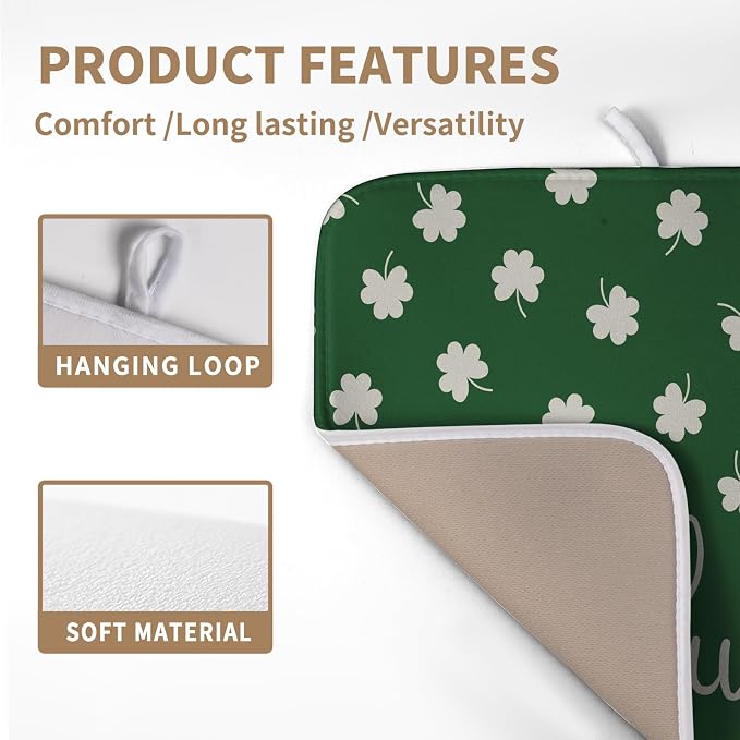 St Patrick Shamrock Drying Mat for Kitchen Counter Green White Lucky Clover Drying Dish Mat St Patricks Day Absorbent Microfiber Dish Drying Pad Reusable Dry Mat 16 x 18 Inch