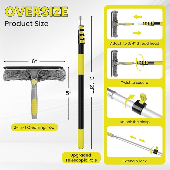 Window Squeegee with Extension Pole, 20FT Reach Squeegee for Window Cleaning, 2-in-1 Windows Washer, 180°Rotated Windows Cleaner Squeegees, Washable Window Squeegees for Home, Mirror, Car