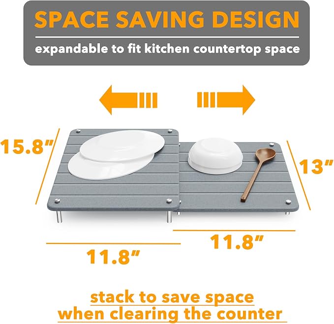 SpaceAid 2 Pack Stone Dish Drying Mats for Kitchen Counter, Expandable Absorbent Rack Dish Pad, Quick Dry Diatomaceous Earth Dishes Mat Tray, Absorbing Sink Stone Mat Board (Gray)