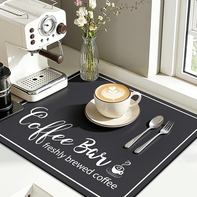 Findosom Dish Drying Mat, 16" x 18" Super Absorbent & Hide Stain Coffee Mat, Cuttable Drying Mat for Kitchen Counter, Coffee Bar Accessories, Under Dish Rack, Coffee Maker, Espresso Machine, Black