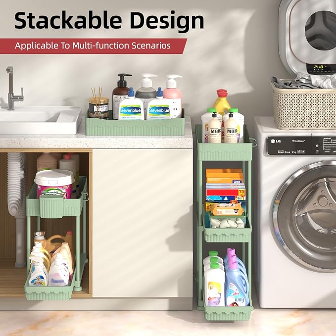 Sevenblue 4-Pack 2-Tier Under Sink Organizer with Pull Out Drawers | Multi-use kitchen & bathroom storage. Includes hanging hooks and cups. Green, space-saving cabinet design. 12.8 Inch