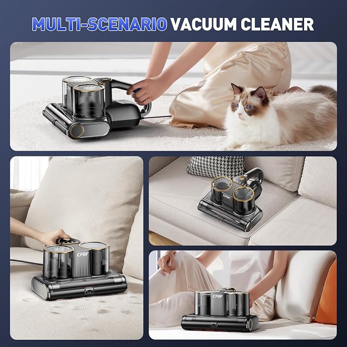CFBF Mattress Bed Vacuum Cleaner with 16Kpa Suction & 253.7nm UV-C Light | Ultrasonic & High Heating, 500W Powerful Double-Cup Handheld Vacuums for Bed, Sofa, Couch, Crib, 16.4FT Corded