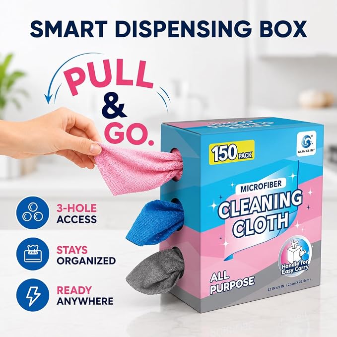 GLIMGLINT Microfiber Cleaning Cloth, 150 Pack Reusable Lint-Free Towels with Dispenser Box - Multi-Color Soft Microfiber Towels for Home, Kitchen, Bathroom, Glass & Tables - 11"x9" Washable Shop Rags