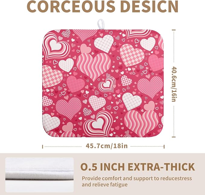Valentine's Day Red Pink Love Heart Drying Mat for Kitchen Counter - Absorbent Microfiber Dish Drainer Mats - Medium Drying Pad - 16x18 Inch