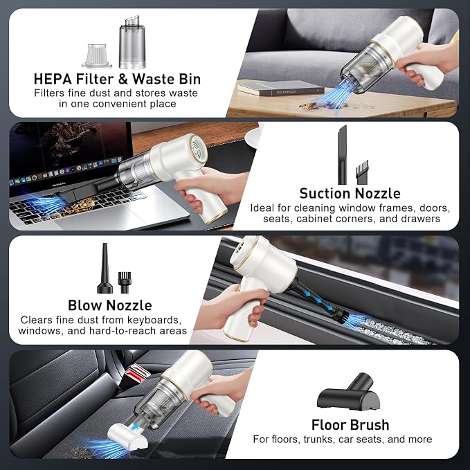 KMM Handheld Car Vacuum Cleaner, 9000PA Hand Held Vacuum & Air Duster | Strong Suction, 120W High Power, Portable, Cordless, Multi-Nozzles & LED Light, for Home, Car, Office