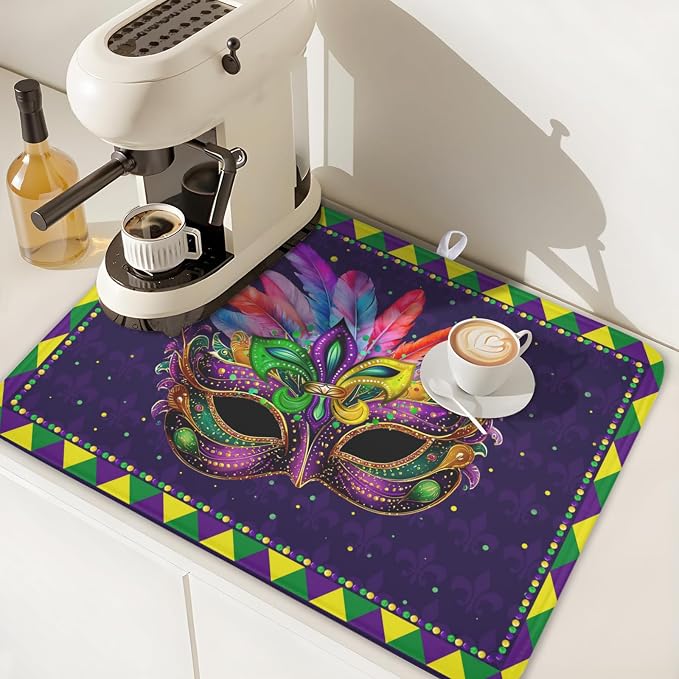 Mardi Gras Dish Drying Mat for Kitchen Counter Masquerade Mask Feather Drying Mats Absorbent Reversible Microfiber Washable Draining Pad Washable Dry Mat 18x24 Inch