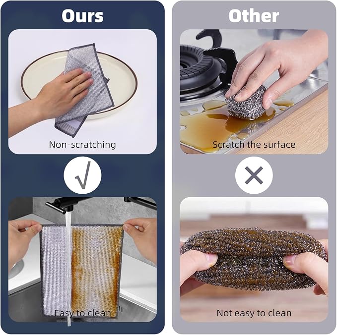 PIPUHA 10 Pack Non-Scratch Stainless Steel Scrubber, Reusable Diamond Weave Scrubber Cloths for Kitchen, Heavy-Duty Metallic Fiber Cleaning Cloth for Cookware, Dishes, Sinks, Easy-Rinse & Quick-Dry
