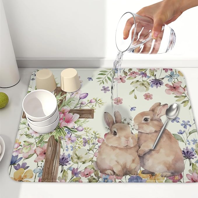 Easter Bunny Dish Drying Mat 16 x 18 Inch Rabbit Dish Drainer Rack Mat Colorful Floral Mat Absorbent Microfiber for Holiday Kitchen Coffee Dining Bar Decor