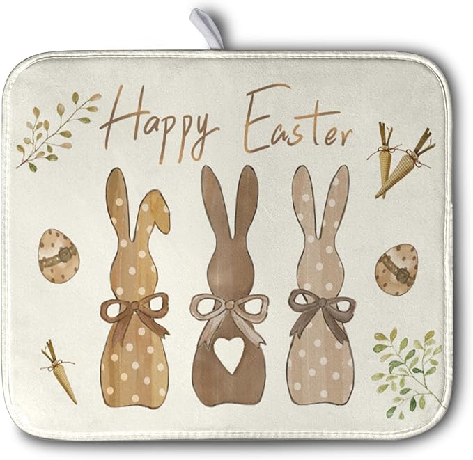 Happy Easter Bunny Dish Drying Mat Rabbits Egg Carrot Dish Pad for Kitchen Counter 16x18 Inch Microfiber Absorbent Spring Bufflao Plaid Dish Draining Mat Reusable Washable Dish Drainer Rack Mat