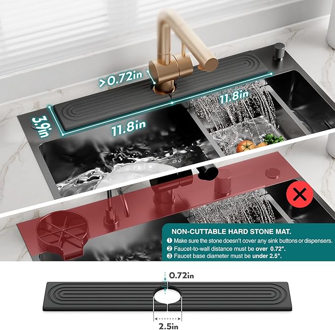 Faucet Splash Guard for Kitchen Sink, Kitchen Sink Faucet Mat with Raised Feet, Durable Drying Matt Kitchen Counter Stone, Water Absorbent Diatomite Drying Mat (Dark Grey, 23.6" x 3.9")
