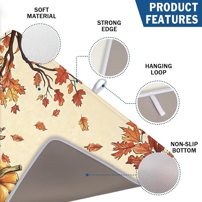 Fall Orange Pumpkin Dish Drying Mat for Kitchen Counter 18 x 24 Inch Autumn Maple Leaf Dish Drainer Mat Absorbent Microfiber Thanksgiving Harvest Dish Rack Pad for Coffee Dining Bar Decor