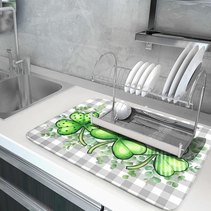 St Patricks Day Dish Drying Mat for Kitchen Counter Shamrocks Eucalyptus Leaf Holiday Microfiber Absorbent Dish Draining Reusable Washable Foldable Extra Large 18"x24"