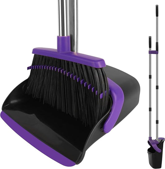 Purple Broom and Dustpan Combo Set, 55" Long Handle Broom | Large Area Outdoor Cleaning, Extended Reach Design, Built-in Comb Dustpan, Foldable Storage for Garage, Patio & Home