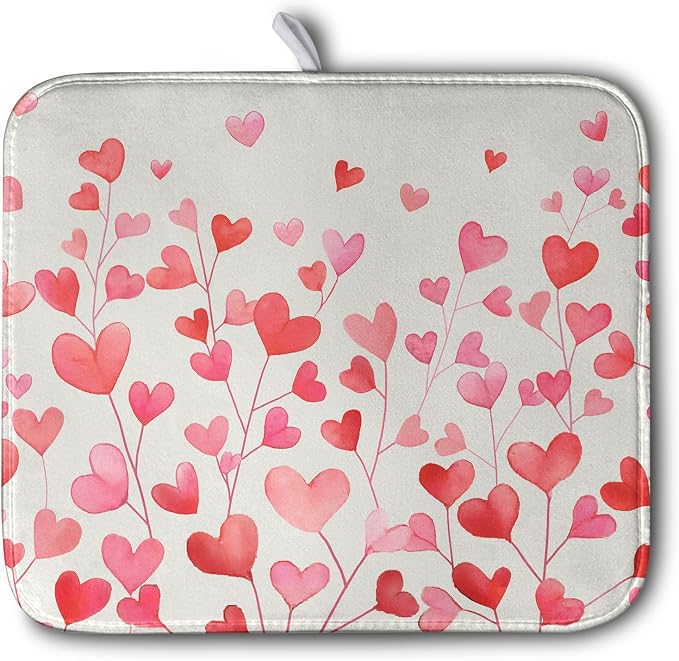 Valentines Pink Love Heart Dish Drying Mat Valentine Day Absorbent Microfiber Dish Drying Pad Heat Resistant Kitchen Counter Draining Mat Extra Large Dish Drainer Rack Mats 16x18 Inch