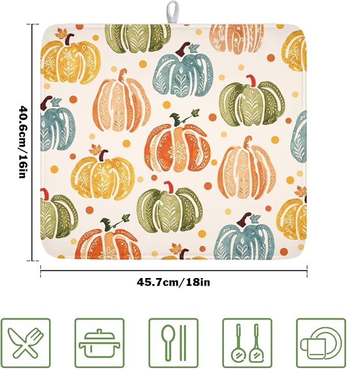 Fall Dish Drying Mat for Kitchen Counter 16 x 18 Inch Colorful Pumpkin Dish Drainer Mat Absorbent Microfiber Autumn Thanksgiving Harvest Dish Rack Pad for Coffee Dining Bar Decor