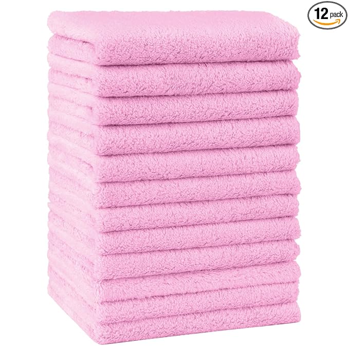 HOMEXCEL Baby Washcloths 12 Pack-Microfiber Coral Fleece Baby Bath Face Towel 7 x 9 Inch Extra Absorbent Soft Burp Cloth and Wash Cloths for Newborn-Infants and Toddlers,Light Pink