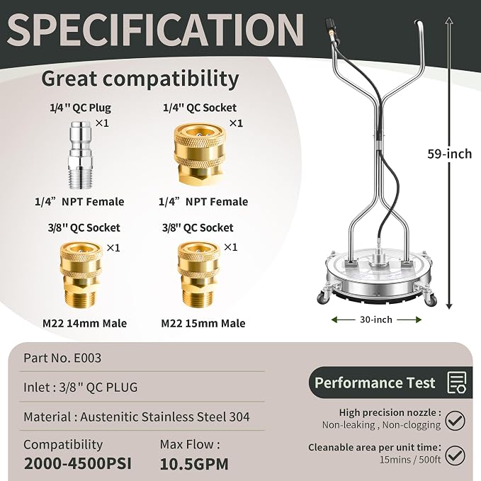 LidoDola 30'' Pressure Washer Surface Cleaner, Power Washer Accessory | Stainless Steel Body, Dual Handles, 4 Replacement Nozzles, Ideal for driveways, decks & patios—clean effortlessly