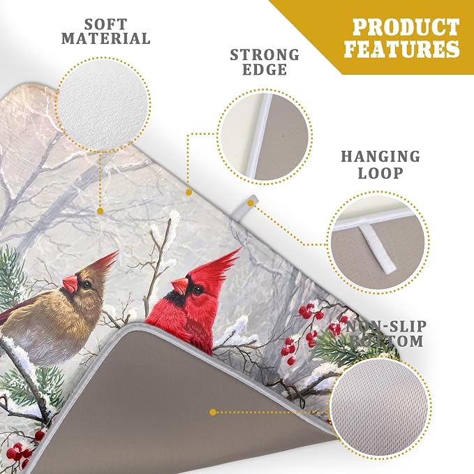 Red Bird Dish Drying Mat Merry Christmas Dishes Pad Absorbent Fast Dry Dish Drainer Mat Protector for Kitchen Counter 18 x 24 Inches