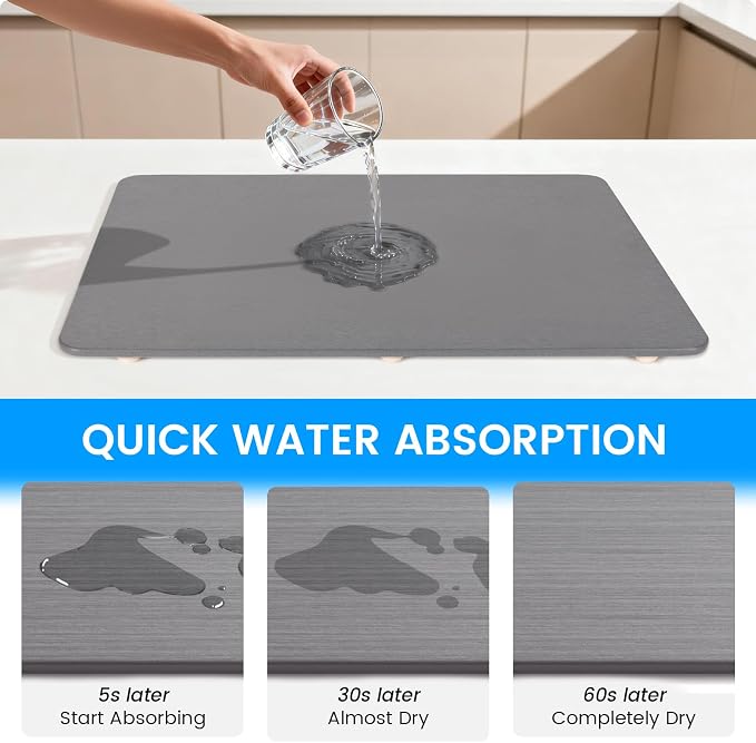 Sapsisel Large Stone Drying Mat for Kitchen Counter, 24" x 16", Quick Dry Absorbent Diatomaceous Stone Mat, Dish Drying Stone for Kitchen Counter