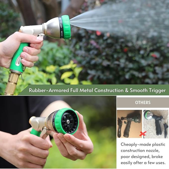 HOSUN 100% Metal Garden Hose Nozzle Sprayer with Ergonomic Handle, Green | Heavy Duty, 8 Spray Patterns, Zinc Alloy Body, High Pressure, Non-Slip Grip, Squeeze latch, Watering Plant, Washing Car