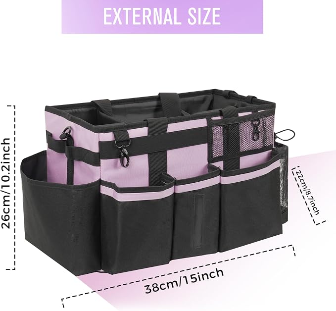 SCAVATA Wearable Cleaning Caddy, Cleaning Caddy Supplies Organizer with Handle & Shoulder Straps for Housekeepers, Under Sink & Car Cleaning Tool Organizers Bag with 4 Foldable Divider (Lilac)