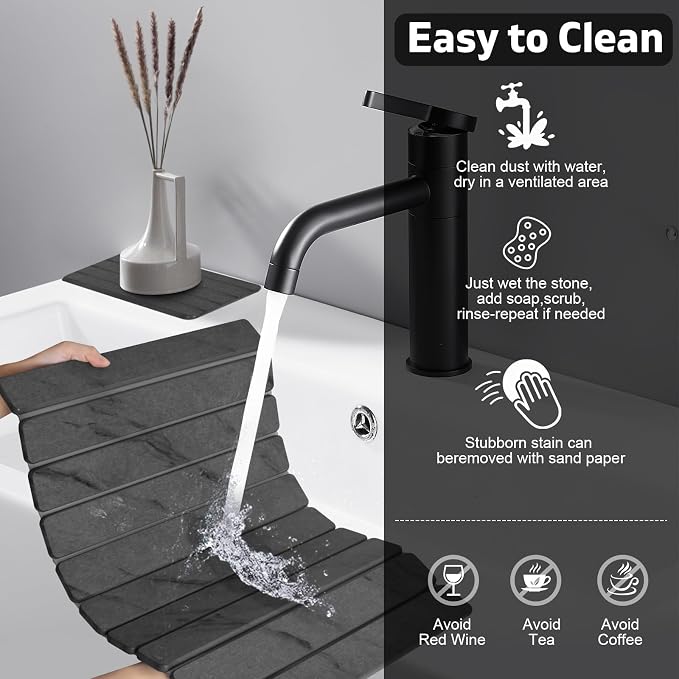 2 PCS Stone Dish Drying Mat for Kitchen Counter, 24"×16" Dark Gray, Fast Drying Collapsible Dish Drying Mat, Eco-Friendly Absorbent Diatomaceous Earth Mats for Match Countertop ( 24"×16" & 8"x4")
