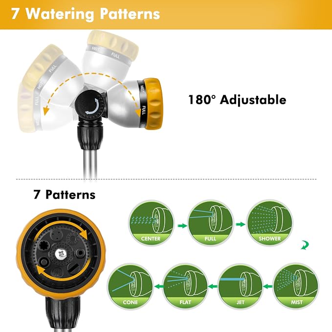 RESTMO Heavy Duty Metal Hose Wand, Watering Wand for Garden Hose | 180° Swivel Ratcheting Head, 16'' Hose Sprayer, 7 Spray Patterns, Flow Control, Ideal for Hanging Baskets & Shrubs, Yellow