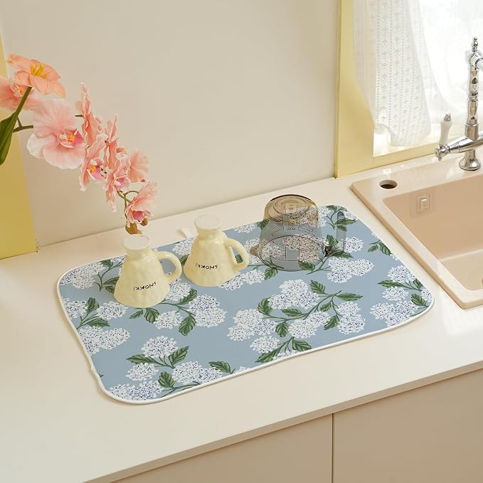 Light Blue Dish Drying Mat 18x24 Inch Vintage Blue Green Floral Hydrangea Flower Drying Mat Spring Summer Absorbent Dish Drying Pad Dish Rack Drainer Mats for Kitchen Dining Counter