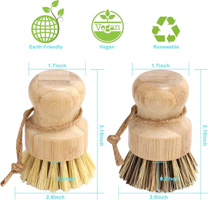 Aisuly Bamboo Dish Brush Set, 2 Pcs Palm Wooden Dish Scrubber Brush, Dish Brushes, Durable Wood Dishes Scrub Brush, Natural Round Vegetable Cleaning Pots Pans Sink Washing Kitchen Brush