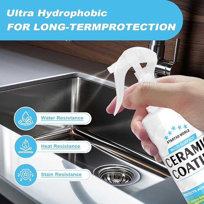 Ceramic Coating Spray – Shine, Seal & Protect Stainless Steel, Glass, Kitchen & Bath – Repels Fingerprints, Water Spots & Grime – Multi-Surface Sealant for Countertops, Sinks & More, 512ML