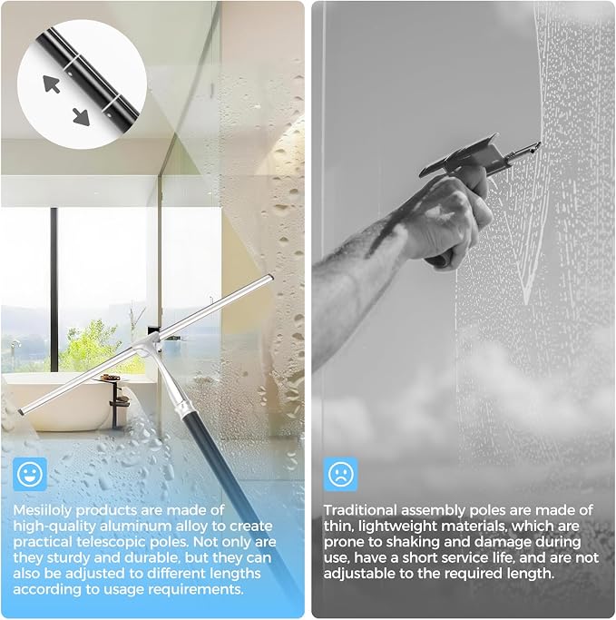 17“- 60" Extendable Long Handle 2-in-1 Window Squeegee Silver | 12.4" Wide Metal Shower Squeegee for Glass Doors, 2-in-1 Squeegee for Home Window Cleaning, Tile Wall, Car