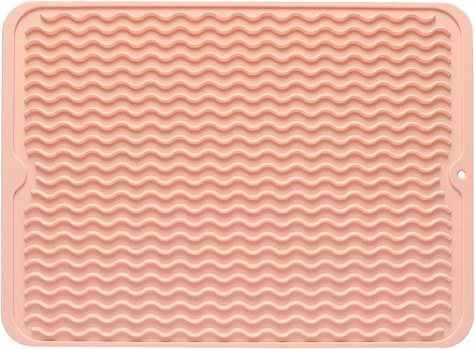 MicoYang Silicone Dish Drying Mat — Quick-Dry Ridges Counter & Sink Pad, Heat-Resistant Trivet to 450°F, Non-Slip & Dishwasher Safe, Roll-Up Storage, 18 Colors & 9 Sizes (Pink, 16"×12")